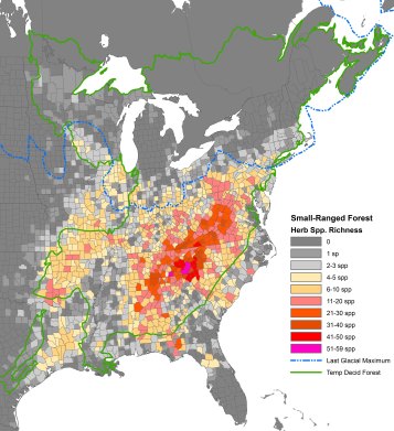 Map showing the concentration of narrowly distributed plant species in the Temperate Deciduous Forest (Bellemare and Moeller 2014)
